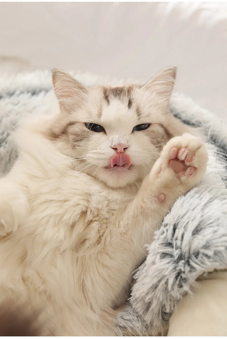 Cama redonda de pelúcia para cães e gatos, ninho semi-fechado.