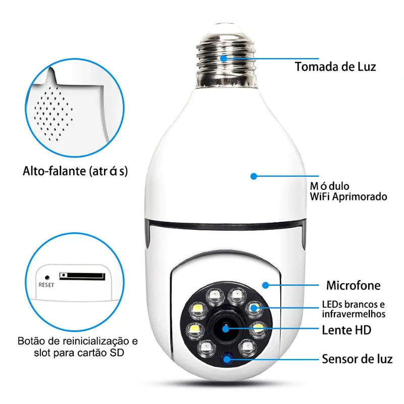 Câmera wifi ip sem fio giratória 360 com encaixe lampada bocal rosca