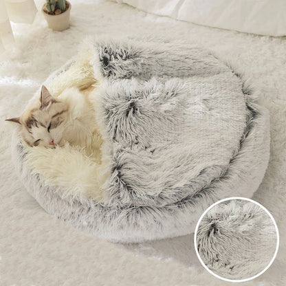 Cama redonda de pelúcia para cães e gatos, ninho semi-fechado.